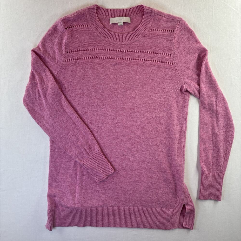 LOFT Pink Knit Crew Neck Lightweight Nylon Wool Sweater Ribbed Trim Women M